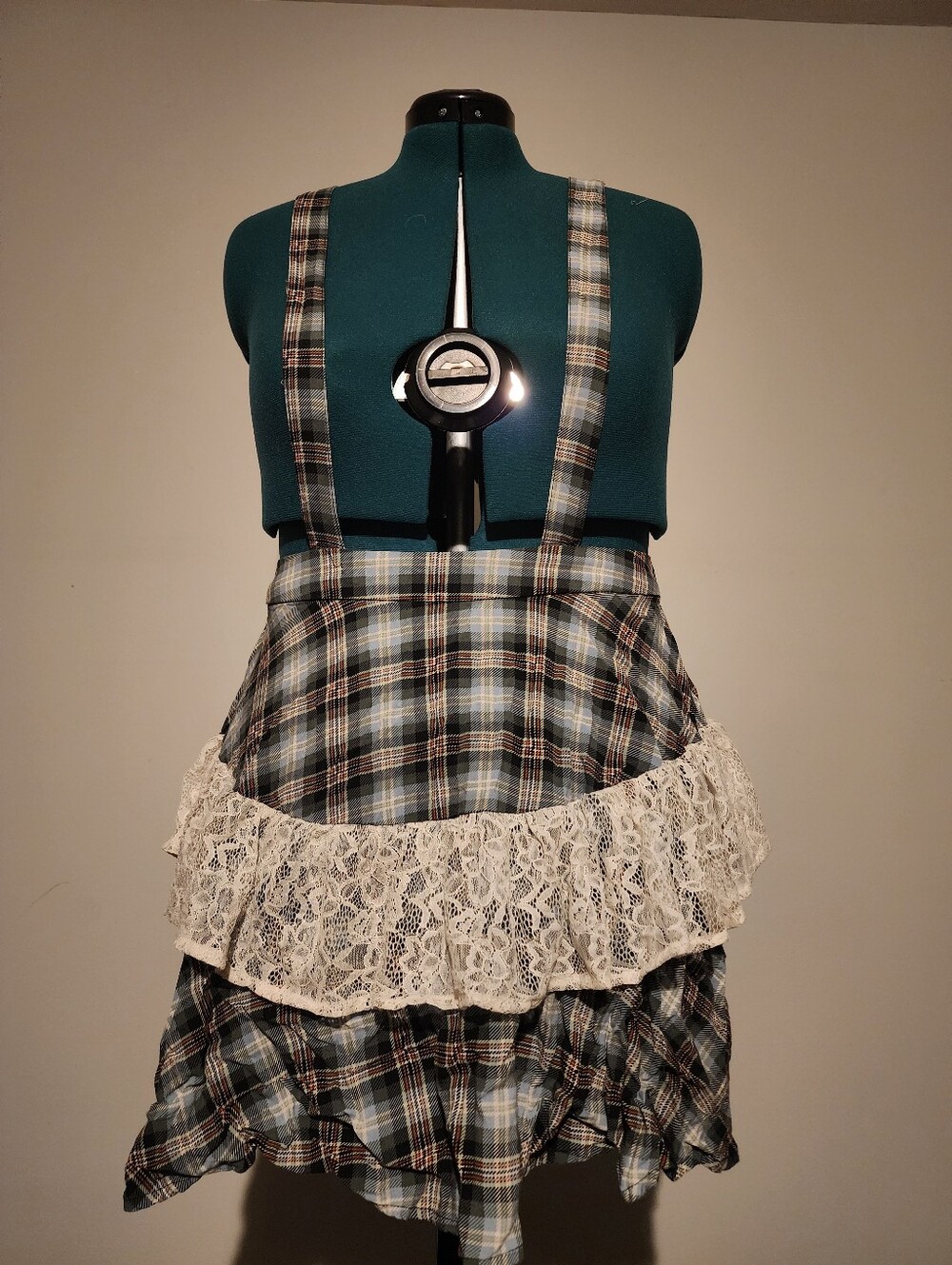 Plaid Lace-Trim Suspender Skirt - Blue Plaid